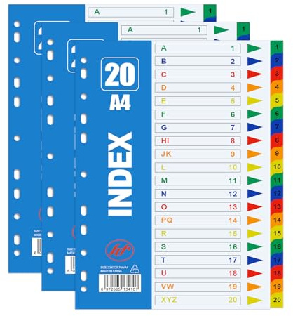 AMFUN 3er 1-20 Register Trennblätter für Ordner, Register für Ordner A4, Universal Lochung für alle Ordner, für Dokumente Büro Schule Archiv Organisation