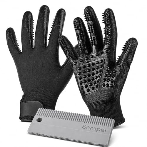 Pet Grooming Gloves & Hair Remover Scraper – Removes Pet Hair in Seconds | 2-in-1 Deshedding Brush for Dogs & Cats | No More Fur on Sofa, Carpet & Furniture