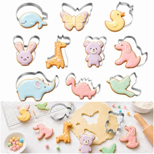 10 Pcs Animal Cookie Cutters, Food Grade Stainless Steel Biscuit Cutters for Kids, BPA Free Reusable Sandwich Shapes for Baking, Pastry, Fondant & Polymer Clay