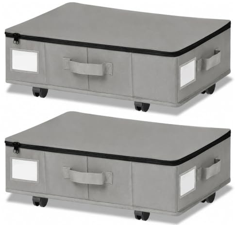 Cajonera para debajo de la cama con ruedas, rotación de 360°, 2 unidades de 60 l, caja de almacenamiento con tapa transparente, montaje rápido, para edredones, ropa, zapatos y mantas (gris oscuro)