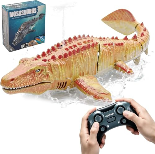 7JI Ferngesteuertes Mosasaurus RC Boot, 2.4GHz Fernbedienung Hai Boot | Pools und Seen Spielzeug, Electric Dinosaurier Boote Wasserspielzeug, 2 Batterien, Geschenk für Jungen und Mädchen (Gelb)