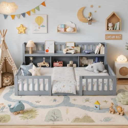 OLIVIBED Cama Montessori 90x200 cm, Cama Infantil con protección contra caídas y estantería, Cama para niños de Madera con Puerta para niños y niñas, Baja Altura de Entrada, sin colchón, Gris