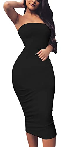 BORIFLORS Women's Sexy Bodycon Tube Top Party Club Midi Dress,XL,Black