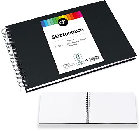 perfect ideaz - Skizzenbuch DIN-A4 Quer, Spiralbindung, FSC® zertifiziert, 96 Seite (48 Blatt), Hardcover Schwarz, Sketchbook, 200 g/m² dickes Papier, säurefrei