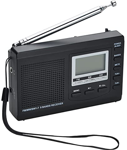 COVVY AM/FM SW1-7 9 Band Portable Radio Receiver with Loud Speak and Earphone, Excellent Reception 12/24H Time Display Digital Radio, Backlight, Sleep, Ascending Alarm, Battery Operated (Black)