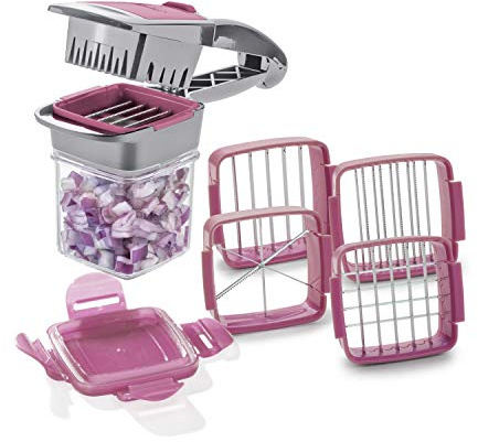 Genius Nicer Dicer Quick 7 teilig Set Brombeere - Zerkleinerer für Obst und Gemüse | 5 in 1 Multischneider mit austauschbaren Messereinsätzen | 30 Würfel oder 10 Scheiben