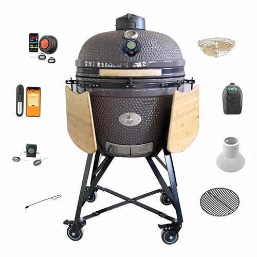 YNNI 63,5 cm grauer XL Chip Feeder Kamado Bundle Ofen BBQ Grill Extra inkl. Trolley TQ0TT