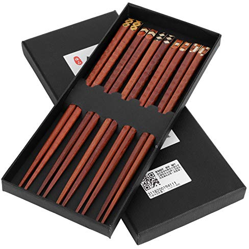 Nikou 5 Pairs Wooden Chopsticks, Hand-carved, Brown, Geometric Pattern, Easy to Use, Non-slip, Suitable for Sushi, Noodle, Rice, Ramen, Hand Wash Only, Luxurious Black Handmade Box, Gift Set