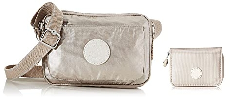 Kipling Damen Abanu Umhängetasche Silber (Metallic Glow) + Damen Tops Geldbörse Silber (Metallic Glow)