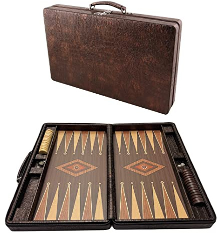 Backgammon Koffer, Tavla, Medium, Reisespiele, Tric Trac, Kunstleder, 44 x 27 cm, Weiß,schwarz,braun,hellbraun