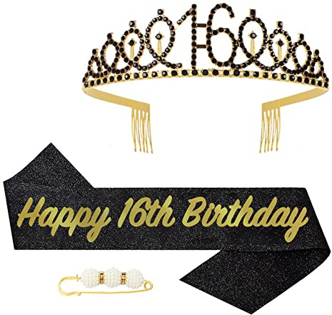 POPOYU 16 Geburtstag Krone und Schärpe,Krone 16. Geburtstag Mädchen,16.Geburtstag Tiara Schwarz Gold,krone 16.,16 Jahre Geburtstag Mädchen Kopfbedeckung für Geburtstagsgeschenk Partyzubehör