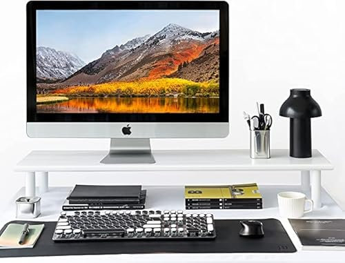 ROCDEER White Dual Monitor Stand Riser, 100% Natural Bamboo, Underneath Storage for Desk Office Supplies, and Supports for Computer Monitor, Printer, Heavy TV Riser up to 130 lbs, White