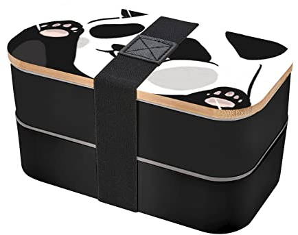 PartyUnix Funny Panda Bento-Box mit Doppelriemen, mit Besteck, 18 x 10 cm, geeignet für Picknick, Schule, Arbeit, erschwinglich, Schwarz