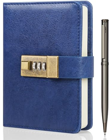 WEMATE Journal with Lock, Diary with Lock 192 Pages, Password Notebook, Pen & Gift Box - Perfect for Men and Women - 4.3X 6.18in (Blue)