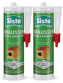 SISTA DRAUSSEN Füllen & Ausbessern, weißer Polymer Dichtstoff für den Außenbereich, wetterfestes Abdichten mit überstreichbarem Fugenfüller, 2x280ml Kartusche