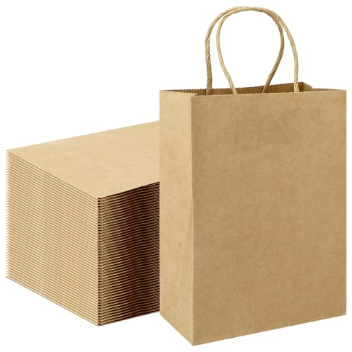 Papiertüten mit Henkel, 100 Stück Geschenktüten Papier, Kleine Geschenktüten, Papiertüten Braun, Kraftpapiertüten, Papiersackerl, Geschenktaschen für Weihnachten Hochzeit Geburtstagsparty, 21x15x8 cm
