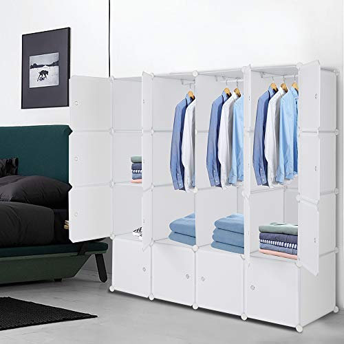 TactFire Armoire Penderie Modulable, 16 Cubes, Armoire Chambre, Étagère de Rangement avec Portes, pour Le Stockage de vêtements, Jouets, etc.. (Blanc, 140 x 45 x 140 cm)