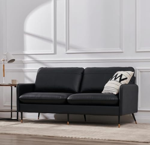 2-Sitzer Leder Couch Moderner Zweisitzer Ledersofa aus Echtem Top-Grain Rindsleder mit Metallbeinen, Massivholzrahmen Mid-Century Polstersofa für Wohnzimmer Büro Apartment Kompakt 170x78x85 cm Schwarz