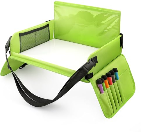 INFIVITA Knietablett Reisetisch-Tablett für Kinder Play with Löschbar Zeichenbrett & 6 Colored Pencils für Spiel und Esstisch Spieltisch Autositz Tisch für Buggys,Kinderwagen,Auto,Flugzeug,Bahn-Grün