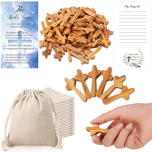 DoubleFill Mini-Olivenholz-Kreuze Großpackung – Taschenholzkreuze mit Gebetskarten, Heiliges Land, Jesus & Baumwoll-Leinenbeutel für Party, christliches Kirchengeschenk, 6,3 cm, 80 Sets