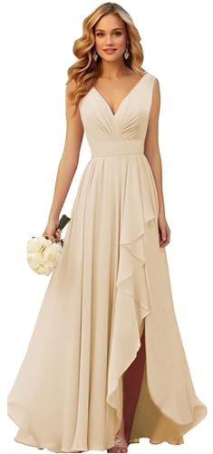 Générique Robes De Demoiselle D’Honneur en Mousseline De Soie à Col en V pour Femmes Fente LatéRale à Volants Plissé Robe De SoiréE Formelle De Bal Longue Robe De SoiréE Formelle Champagne M