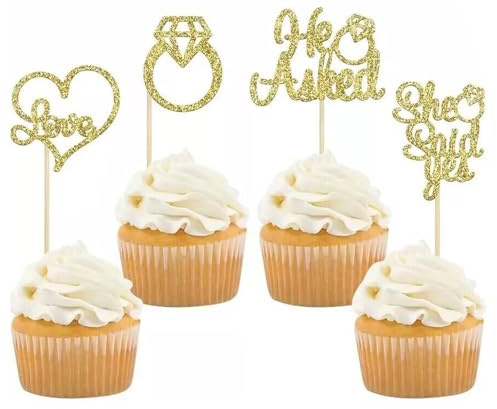 24 Stück He Asked She Said Yes Tortendeko, Diamantring Herz Kuchendeckel, Glitzer Tortendeko, Gold-Diamant-Ring-Cupcake-Topper für Hochzeit Verlobung Brautparty Dekorationen