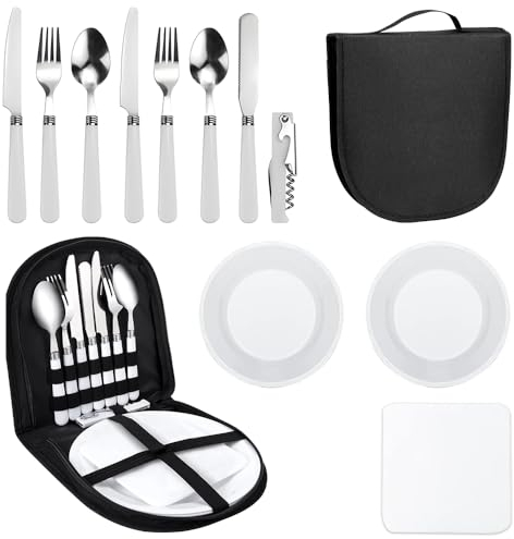 Aoreun Set di posate da campeggio, 11 Pezzi Stoviglie da Campeggio per 2 Persone Acciaio Inox Kit Stoviglie Campeggio Portatile con piatti e posate in acciaio inox Per Campeggio，Picnic E Viaggi (Nero)