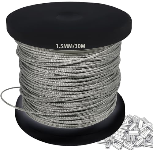 1.5mm 304 Wire Rope Stainless Steel Wire Cable 30m Length 7x7 Cross Section 180kg Breaking Load stainless steel cable with 30 Pcs Aluminum Crimping Clamps Loop Sleeve