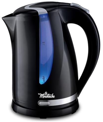 La Moustache - Hervidor de Agua Eléctrico【1,7L/2200W】Indicador Luminoso, Base de Acero Inox con Giro 360°, Calentador Libre de BPA, Protección Contra Ebullición en Seco, Apagado Automático (Negro)