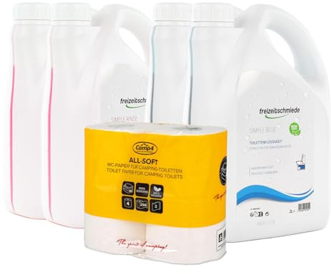 Freizeitschmiede Set Toiletten Zusatz Simple Blue + Rinse je 4L Sanitärflüssigkeit für Campingtoilette inkl. All Soft Toilettenpapier