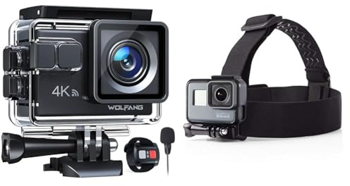 WOLFANG GA100 Action Cam 4K 20MP Unterwasserkamera & Amazon Basics Kopfgurt für GoPro Actionkamera, Schwarz