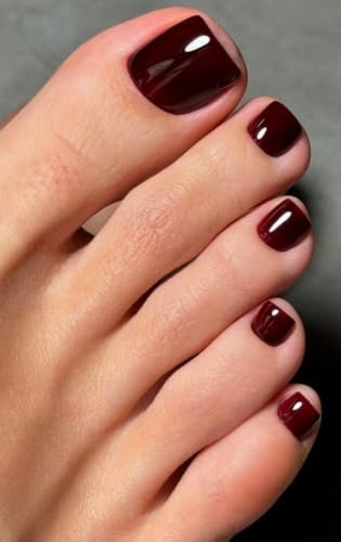 MouyouGlow 24 Pezzi Falso Unghie Finte Piedi Corte,Squared Scuro Rosso Bordeaux Dark Wine Red Monocolore Fake Feet Toe Nails Full Cover Foot Press on Nails con Colla