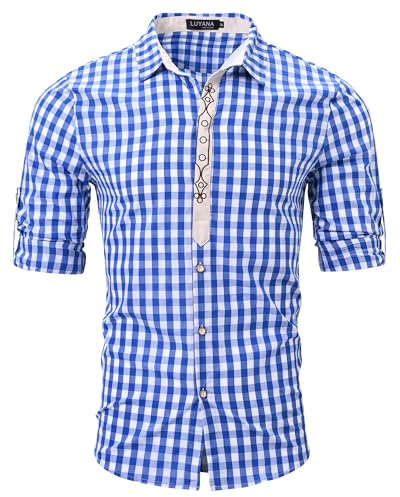LUYANA Herren Kariertes Oktoberfest Hemd Bayerischer Stil Hellblau XL