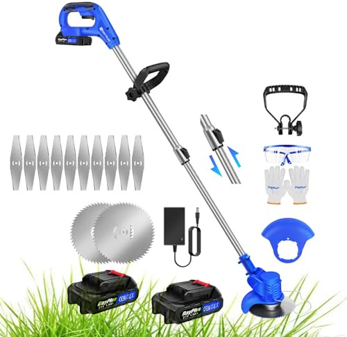 VickyHome 260W Brushless Electric Garden Strimmer, Electric Grass Cutter for Garden Border Edges, Lightweight Push Wheels Lawn Mower with Adjustable Handle, Telescopic Tube, 90°Head Pivot, 2 Batteries
