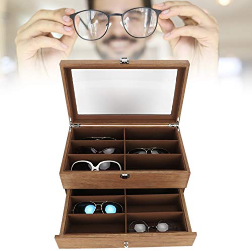 Holz Brillenbox, 12 Slots Brillenbox Holz Doppelschicht Brillen Vitrine Box Organizer Dekoration Uhrenkasten Sonnenbrillenbox für Mehrere Brillen mit Schubladen Sonnen Modebrillen