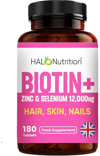 Hair Skin and Nails Vitamins with Biotin, | Biotin Hair Growth | Zinc and Selenium | 180 Vegetarian Tablets | Beauty Supplement for Women and Men | Halal Vitamins |- UK Made by Halo Nutrtion