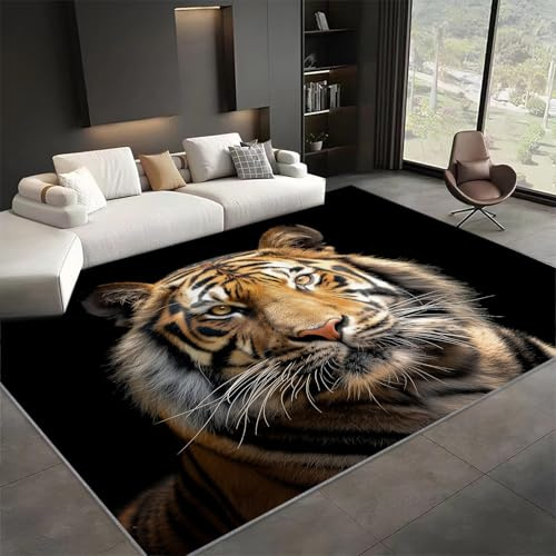 Generisch Waschbarer Teppich Tier Schwarzer Tiger 80x150 cm Wohnzimmer Teppich Schlafzimmer Bettvorleger, Moderner Flauschig Weich Teppiche für Kinderzimmer Anti-Rutsch