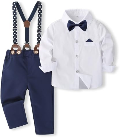 Baby Boys Gentleman Suit Baby Boys Dress Clothes Toddler Boys Gentleman Suits Long Sleeve Shirts + Suspenders Pants +Bow Tie 3 PCS Set Formal Wedding Christening Christmas (White, 18-24 Months)