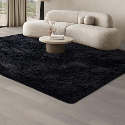 JOJOSEE Hochflor Teppich Wohnzimmer 160 x 230 cm Schwarz | Anti-Rutsch Wohnzimmerteppich Waschbarer Flauschiger Teppich für Schlafzimmer & Kinderzimmer
