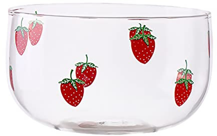 VOSAREA Strawberry Pattern Glass Bowl 600ml Fruit Salad Dessert Serving Bowl for Kitchen Storage and Food Presentation