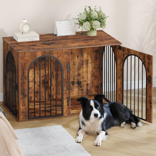 Hzuaneri hundburs möbler, 108 cm hundbur, 3 dörrar, välvd dörr, modern inomhushundbur för hundar, sidobord, hundbur för hemmet, kraftig hundburs, 108 x 64 x 76 cm, Vintage Brun DFC86001B