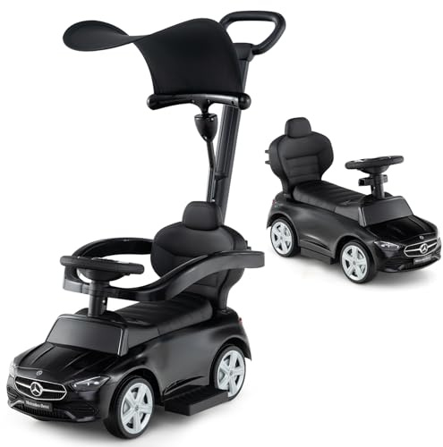 GOPLUS Coche de Empuje 3 en 1 para Niños, Mercedes-Benz Licenciado, Capota Ajustable, Almacenamiento Bajo el Asiento, Coche Deslizante con Sonidos para Niños de 18-36 Meses (Negro)