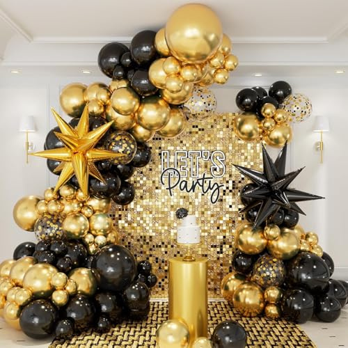 CboDeco Black and Gold Balloon Garland Arch Kit, 146pcs Black Gold Balloons 18 12 10 5 inch with Exploding Star Foil Balloons for Graduation, Birthday, New Year Party Decorations Supplies