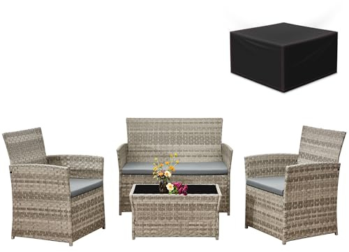 Aweather 4-Piece Rattan Garden Furniture Set, Grey Wicker Patio Conservatory Balcony Indoor Outdoor Loveseat with Glass Coffee Table and Cushions, Waterproof Furniture Cover Included