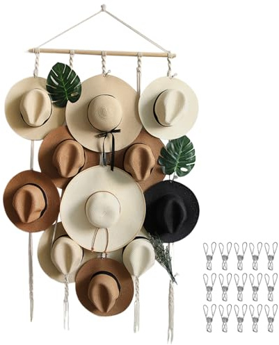 SMELEYOU Colgador de sombrero de macrame para soporte de sombrero de pared con 12 clips estante de casa