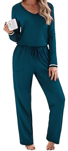 Litherday Pigiama Donna Cotone Invernale 2 Pezzi - Set da Notte Morbido con Collo a V, Pantaloni con Tasche - Pigiama Leggero e Comodo per Casa Blu Pavone M