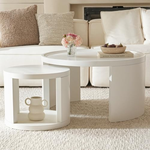 Cagnolier Couchtisch rund 2er Set, erhöhter Rand, Ø80/46cm, Weiß | Wohnzimmertisch rund, Satztisch, Couchtisch Set, platzsparend ineinanderschiebbar, flexibel separat nutzbar