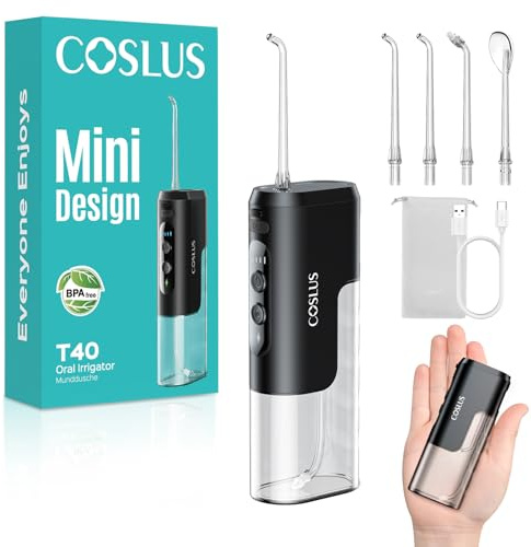 COSLUS Mini Jet Dentaire Hydropulseur Portable: Design Compact et Sans Fil, 4 Modes IPX7, Idéal pour Appareil Dentaire, Orthodontie et Dents Sensitives, Usage Nomade, Noir Brillant, T40