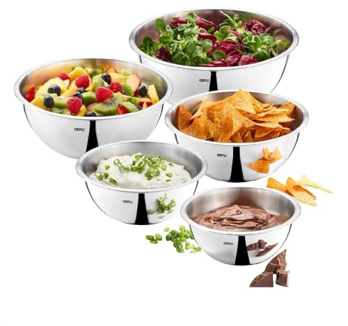 GEFU Schüsselset 5-teilig, Edelstahl Rührschüsseln 1-3,5l, Salatschüssel | Stapelbare Küchenschüsseln mit Schüttrand, Servierschüssel Set aus rostfreiem Edelstahl, spülmaschinenfest & langlebig