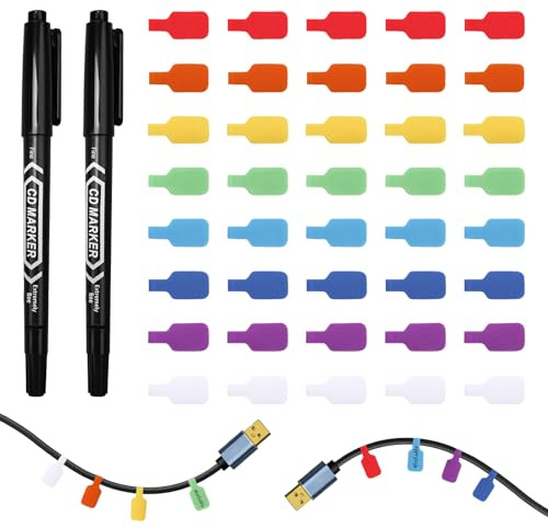 40 Piezas Etiquetas de Cable de Tamaño Grande, Lncluye 2 Marcadores a Base de Aceite, Etiquetas para Cables, 8 Colores Diferentes para la Gestión e Identificación de Cables